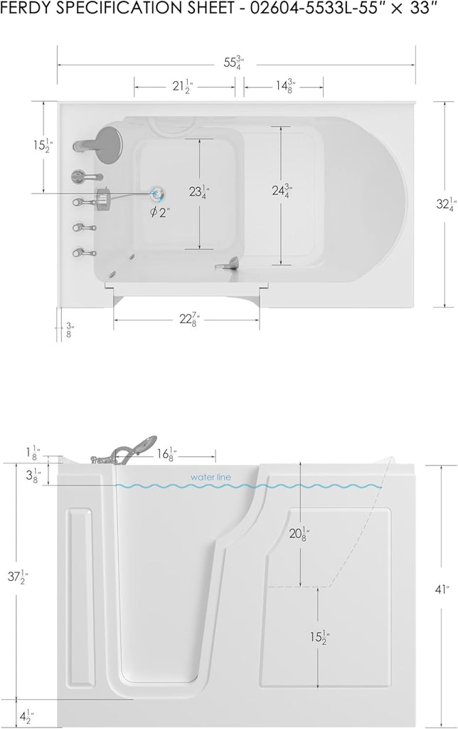 Floridian 55" x 33" Walk-in Bathtub with Left-Side Door Opening and Quick Fill and Drain System, Rectangular Soaking