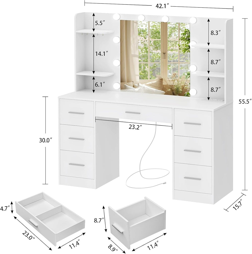 Large Vanity Desk with LED Lighted Mirror & Power Outlet,Makeup Vanity Table with 7 Drawers,4 Shelves and 5