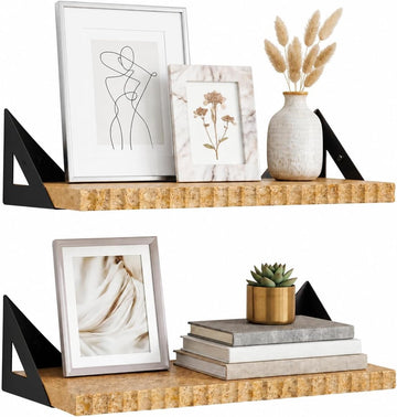 Hanging Wall Shelves Set of 2 - Wood Wall Shelves with Gold Accents - Heavy Duty Wall Mounted Storage & Decor Shelves