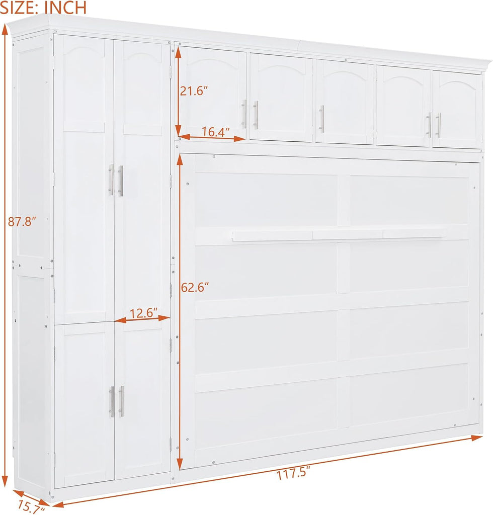 Queen Murphy Bed Wall Bed with Cabinets,White