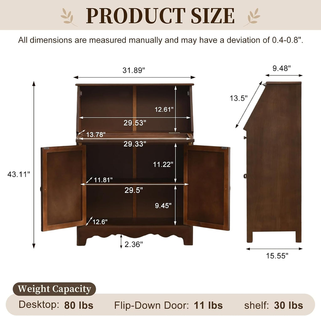 Vintage Storage Cabinet with Flip Down Desk, Wood Accent Cabinet with Adjustable Shelf and Hidden Workspace, Entryway