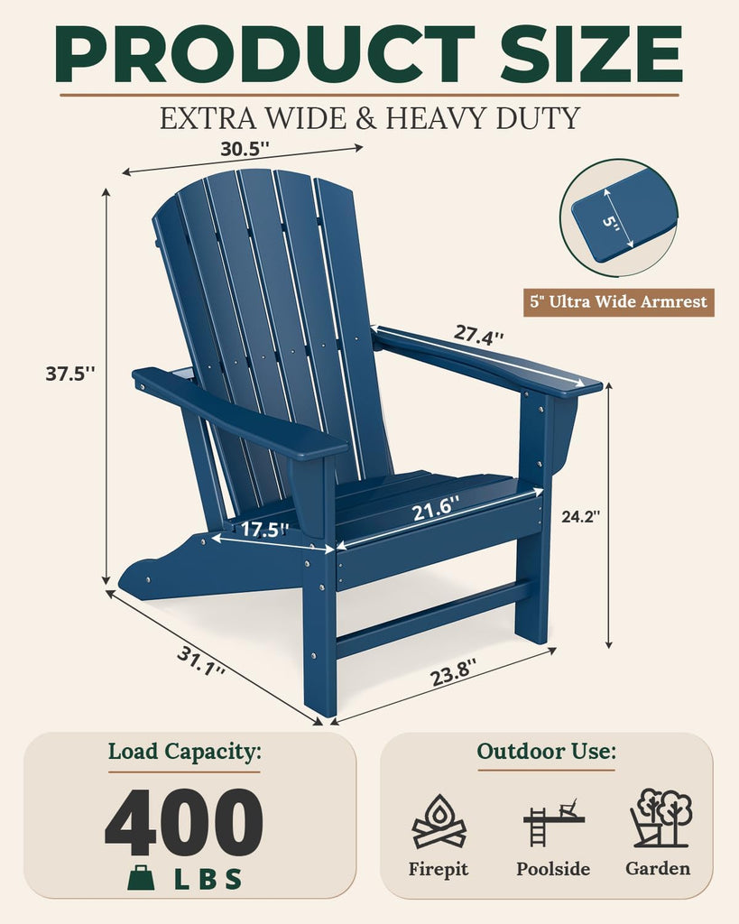 Oversized-Adirondack-Chairs-Set-of-4 | HDPE | All Weather | Blue | 22" Extra Wide Seat, Plastic Fire Pit Chair
