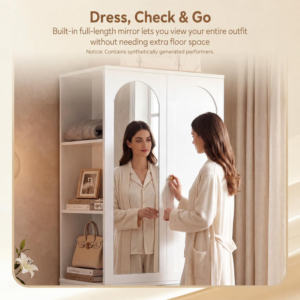 Armoire Wardrobe Closet with Full Length Mirror, 3 Open Shelves | 71" Freestanding Bedroom Armoire with 2 Drawers, 3