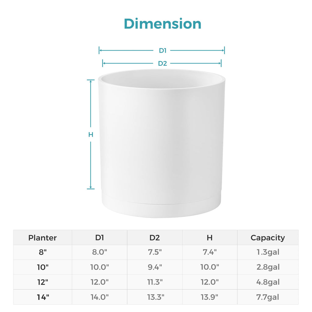 14-Inch Large Modern Cylinder Planter, Thick-Walled Plastic Plant Pot with Drainage Holes and Detachable Saucer