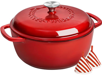 Enameled Cast Iron Dutch Oven - 6QT Pot with Lid & Cotton Potholders - Oven Safe Enamel Cookware for Bread Baking