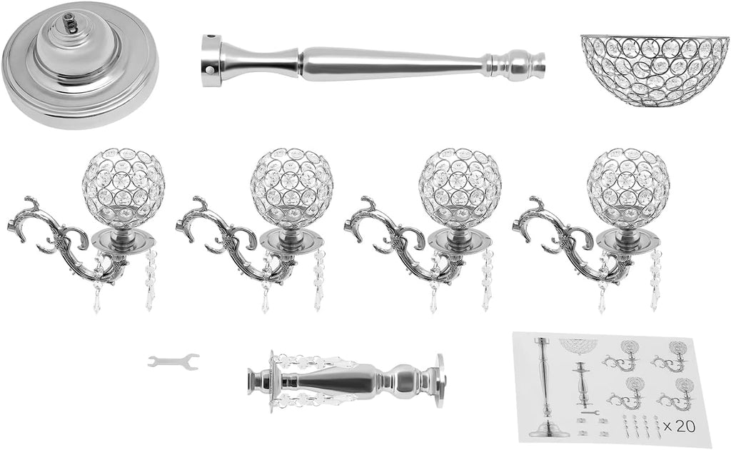 5 Arms Gold Candelabra Centerpiece with Crystal Pendant - 35" Tall Floor Candle Holder Table Candelabra Standon (Silver)