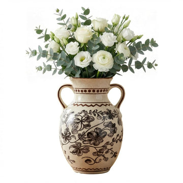 Ceramic Vintage Vase, Chinoiserie Rustic Farmhouse Floral Spring Decor Decor Living Room Fireplace Office, Grey
