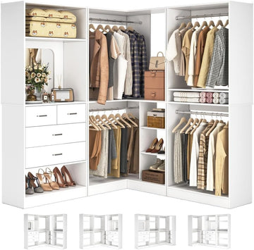 86" Closet System, Large Corner Closets Organizer with Hanging Rods and Mirror Design, Freestanding Adjustable Wood