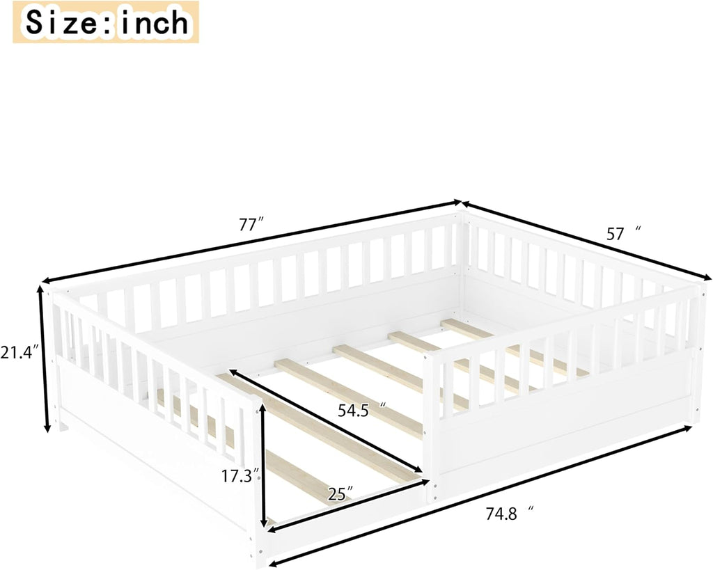 Full Size Floor Bed with high Fence, Solid Pine Wood Montessori Bed for Kids Girls Boys Floor Bed Frame, White with