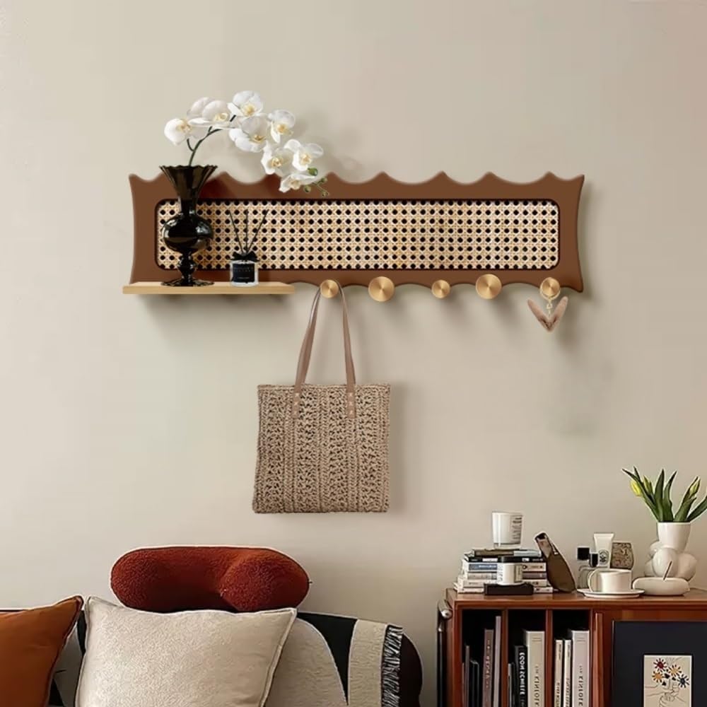 Mid-Century Wall-Mounted Coat Rack with Shelf Rattan-Inspired Entryway Organizer with 6 Hooks Wooden Hanging Rack