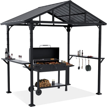 8'x 5' Hardtop Grill Gazebo, Outdoor BBQ Gazebo Metal Roof Canopy with 2 Metal Side Shelves & 5 Tool Hooks for Patio, Garden, Backyard, Poolside (Dark)
