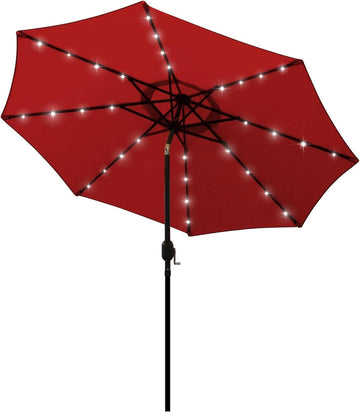 9 ft Solar Umbrella, 32 LED Lighted Patio Umbrella, Table Market Umbrella, Outdoor Umbrella Pool and Beach (Red)