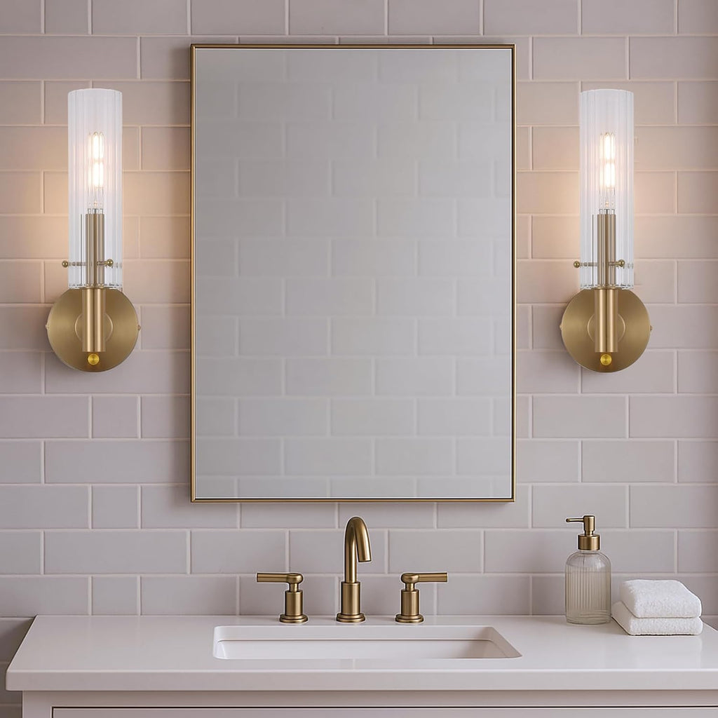 Modern Wall Sconces with Dimmer ON/Off Switch Gold Brushed Brass Bathroom Vanity Light Fixtures Striped Clear Glass
