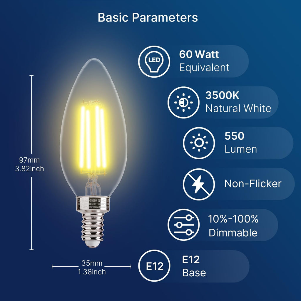 60W Equivalent LED Chandelier Light Bulbs, Dimmable LED B11 E12 Candelabra Base Bulbs, 3500K Natural White, 550LM, 6