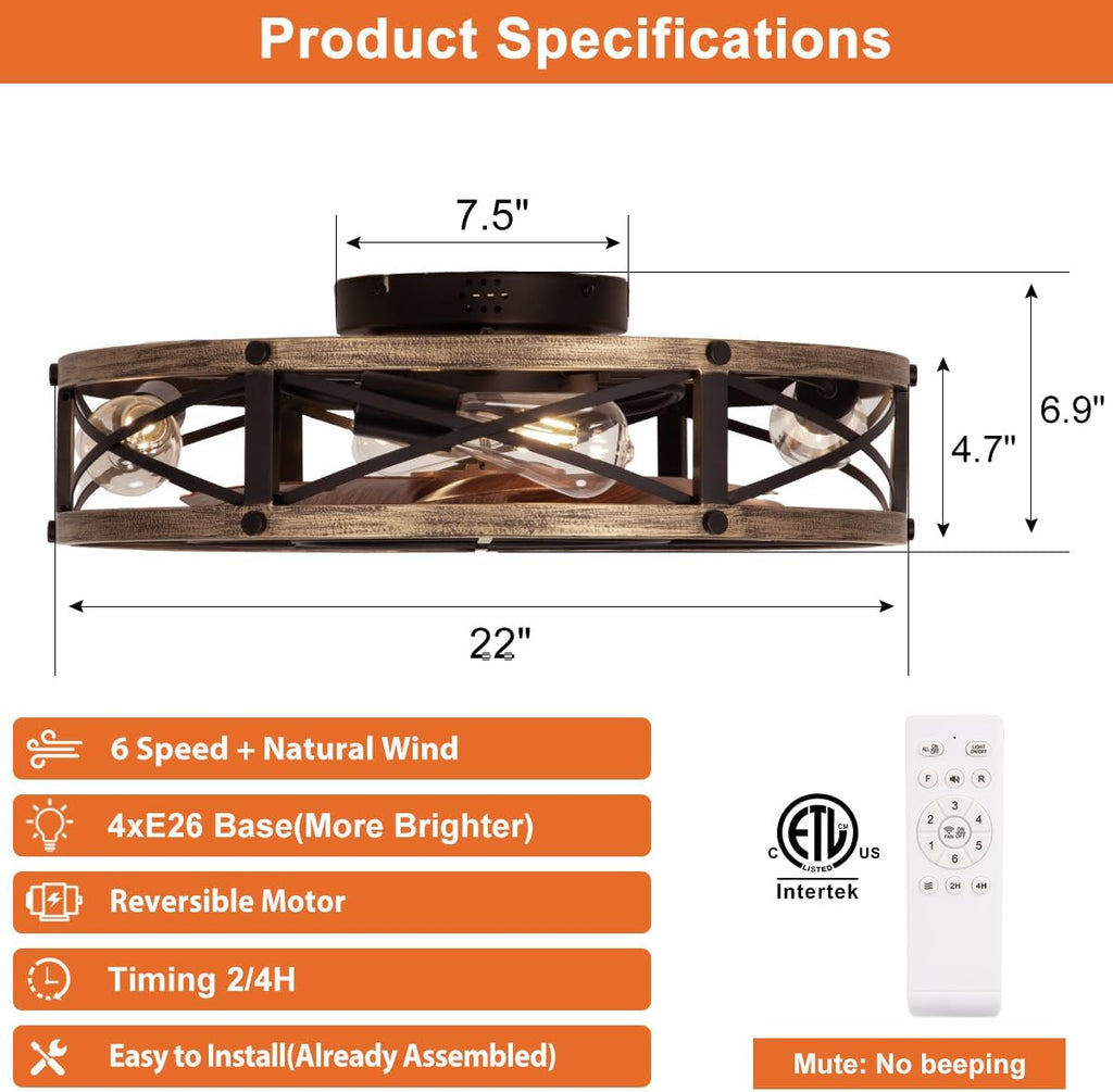 22" Farmhouse Ceiling Fan with Light, Rustic Caged Bladeless Low Profile Ceiling Fans with Lights and Remote