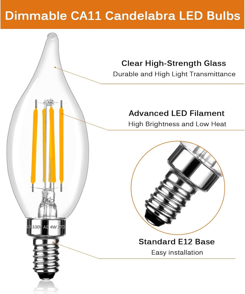 E12 Candelabra LED Light Bulbs Dimmable 60 Watt Equivalent, CA11 6W 2700K Soft Warm White Chandelier Candle Bulb