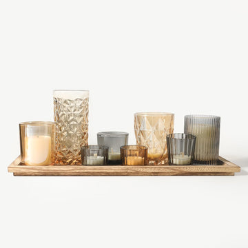 Rustic Wooden Tray with 8 Brown Glass Votive Candle Holders, Decorative Tea Light Holder Set for Mantel, Centerpiece