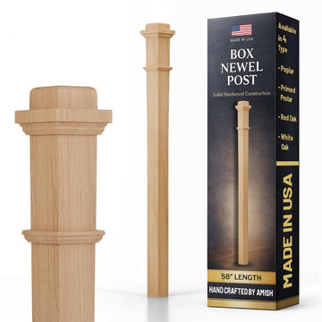 Red Oak Box Newel Post 3.5" x 58", Hollow Box Newel Wood Balusters for Staircase Interior, Square Design, 3⁄4" Thick