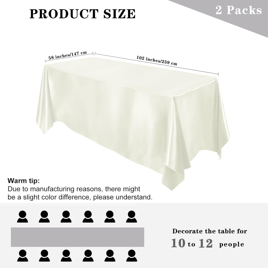 2 Pack Satin Rectangular Tablecloth, 102 x 58 Inches, Ivory
