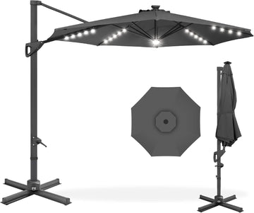 10ft Solar LED Cantilever Patio Umbrella, 360-Degree Rotation Hanging Offset Market Outdoor Sun Shade w/Lights - Gray