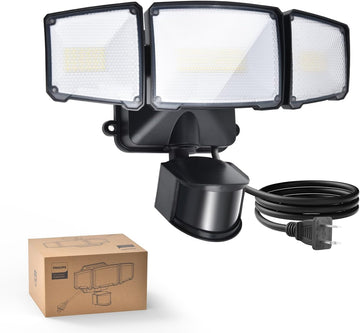 36W Motion Sensor Security Lights Outdoor, 3800 LM LED Dusk to Dawn Plug in Flood Light, 3 Adjustable Heads, 5000K