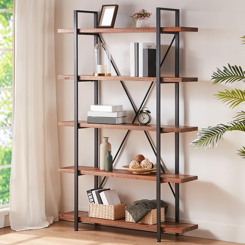 5 Tier Industrial Solid Wood Bookshelf, Distressed Brown