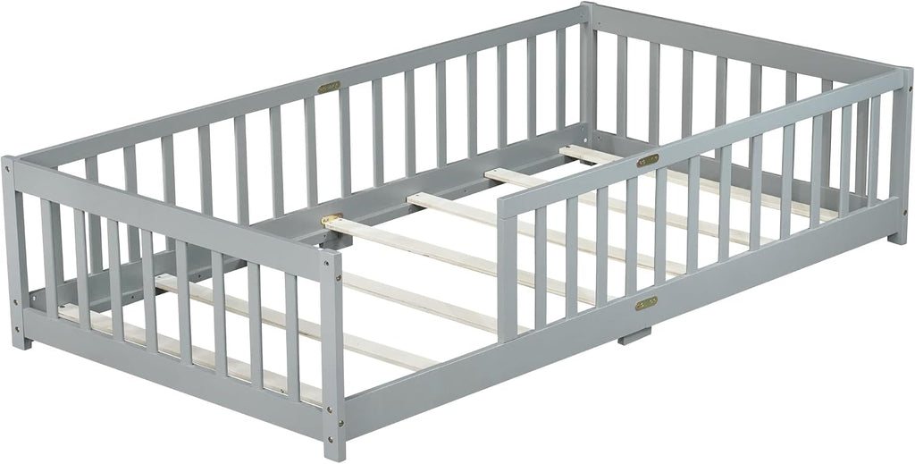 Twin Floor Bed with Slats and Guardrails, Wood Montessori Floor Beds with Fence, Easy Assemble Floor Bed for Kids