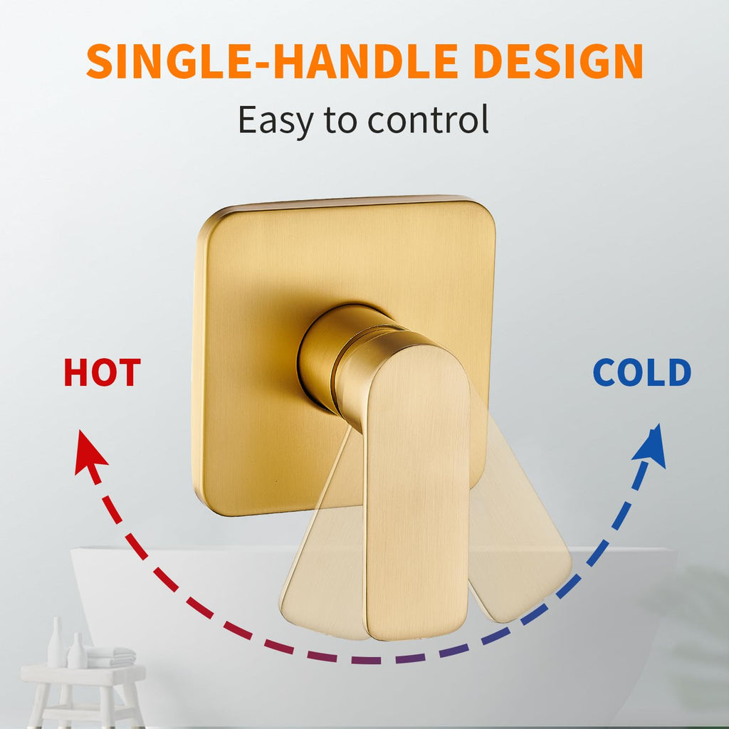 Brushed Gold Shower Faucet Single Function Trim Kit with Rough-in Valve Set Bath Rainfall Shower System 8inch Square