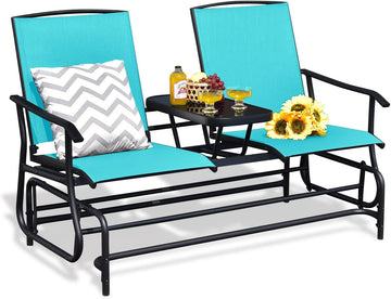 2 Person Outdoor Glider Bench w/Tempered Glass Table, Swing Patio Glider Chair with Steel Frame & Breathable Seat