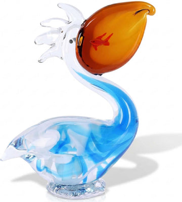 Pelican Figurine Hand Blown Glass Bird Sculpture, Pelican Statue Decor with Fish Detail Shelf Tabletop Display