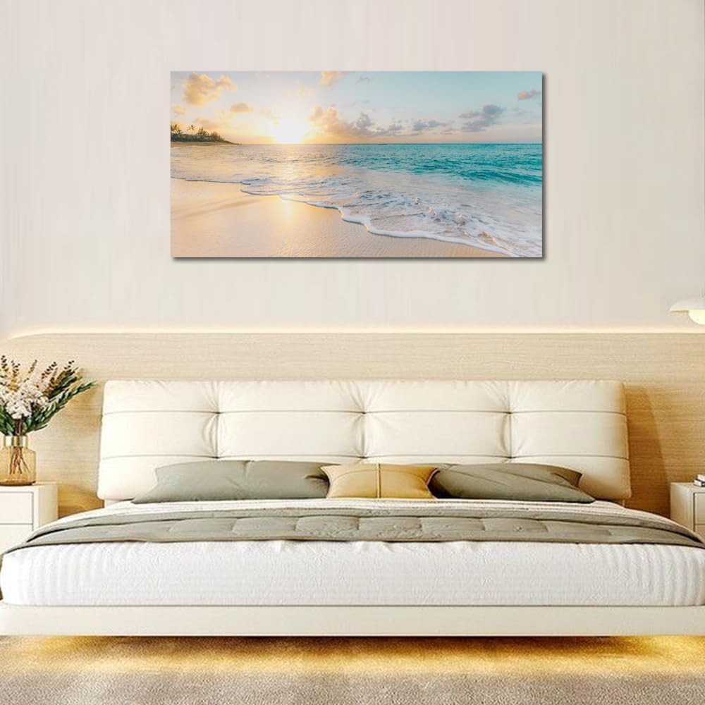 Ocean Wall Art Pictures Beach Canvas Wall Art Decor Gold Sunset Canvas Painting for Wall Coastal Theme Art Print Home