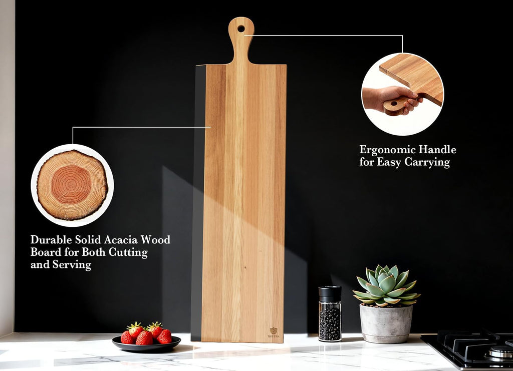 32" Acacia Charcuterie Board with Handle - Extra Long Serving Platter with Chalkboard Edge for Cheese, Meat &