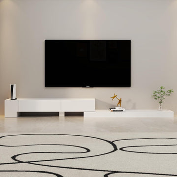 Retractable TV Stand, Solid Wood Minimalist TV Shelf, Mid-Century TV Console with 1 Door & 2 Drawers, Adjustable 71''