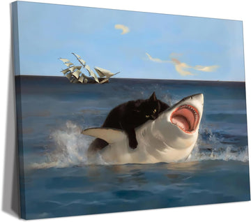 Framed Black Cat Bathroom Wall Art, Funny Quirky Cat and Shark Pictures Canvas Print, Abstract Black Cat Shark