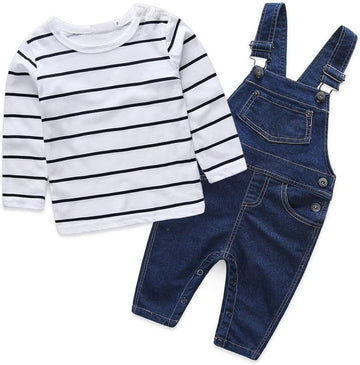 Cute Baby Boys Clothes Toddler Jumpsuit Rompers Jean Overalls Set with Stripe T-Shirt
