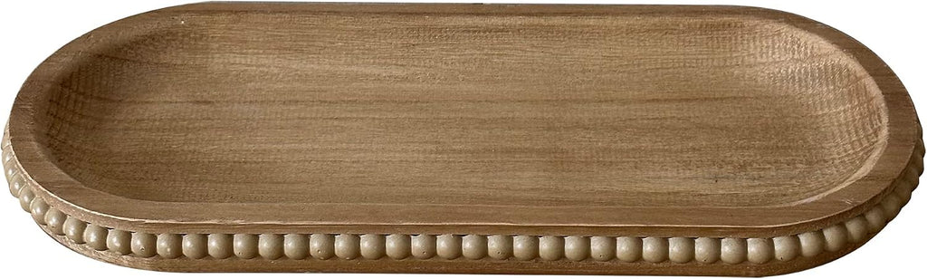 Wooden Farmhouse Decorative Tray, 11.8in Rustic Beaded Tray Decor, Kitchen Table Décor, Oval Coffee Table Serving