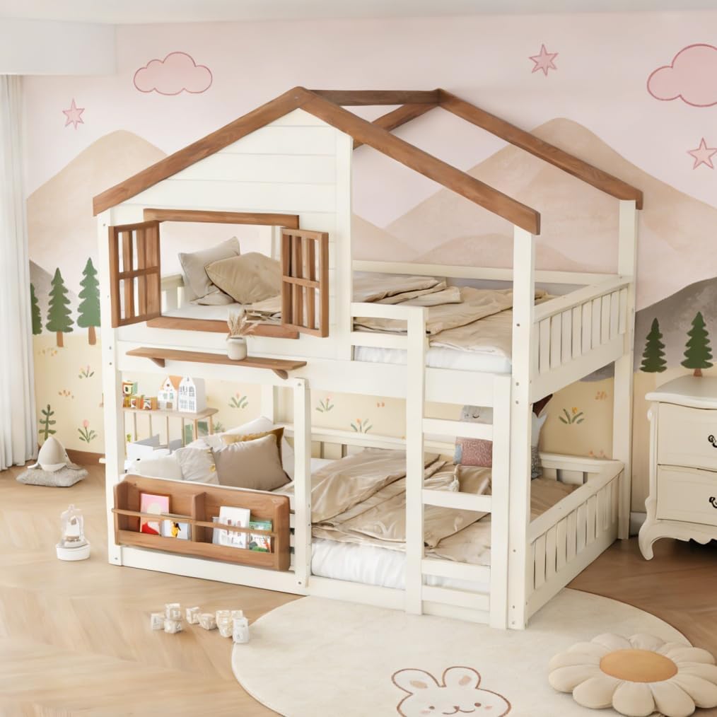 Bunk Bed Full Over Full with Ladder, House Bunk Beds with Bookshelf and Window for Kids, Teens, Beige & Natural
