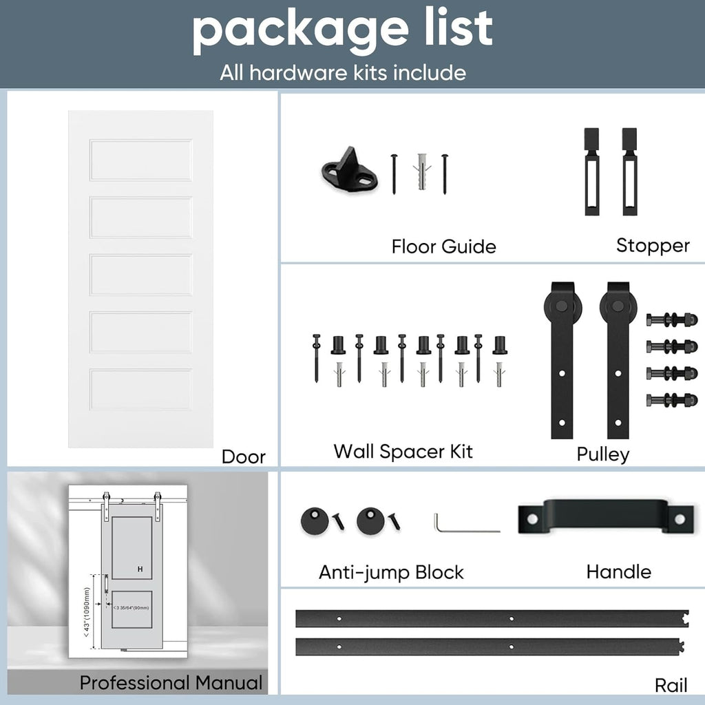 36"x84" Sliding Barn Door, 5-Panel White Primed Hollow Core Interior Molded Door Slab with 6FT Hardw