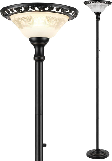 Torchiere Floor Lamps, 71" Tall Standing Lamp with Thick Glass Shade, Metal Pole & Heavy Base