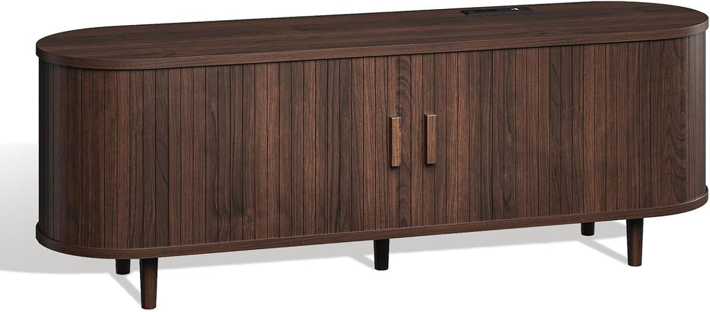 58" Mid Century Modern TV Stand, TV Consoles with Sliding Doors, Wood Entertainment Center with Power Outlet and Adjustable Shelves, Fluted Television Stand for Living Room, Walnut