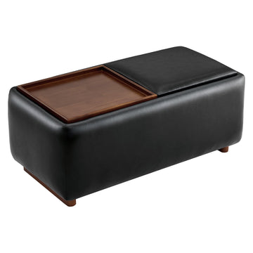 Storage Ottoman with Tray Lids, FSC Certified Small Rectangular Bench, Faux Leather in Black (Light)