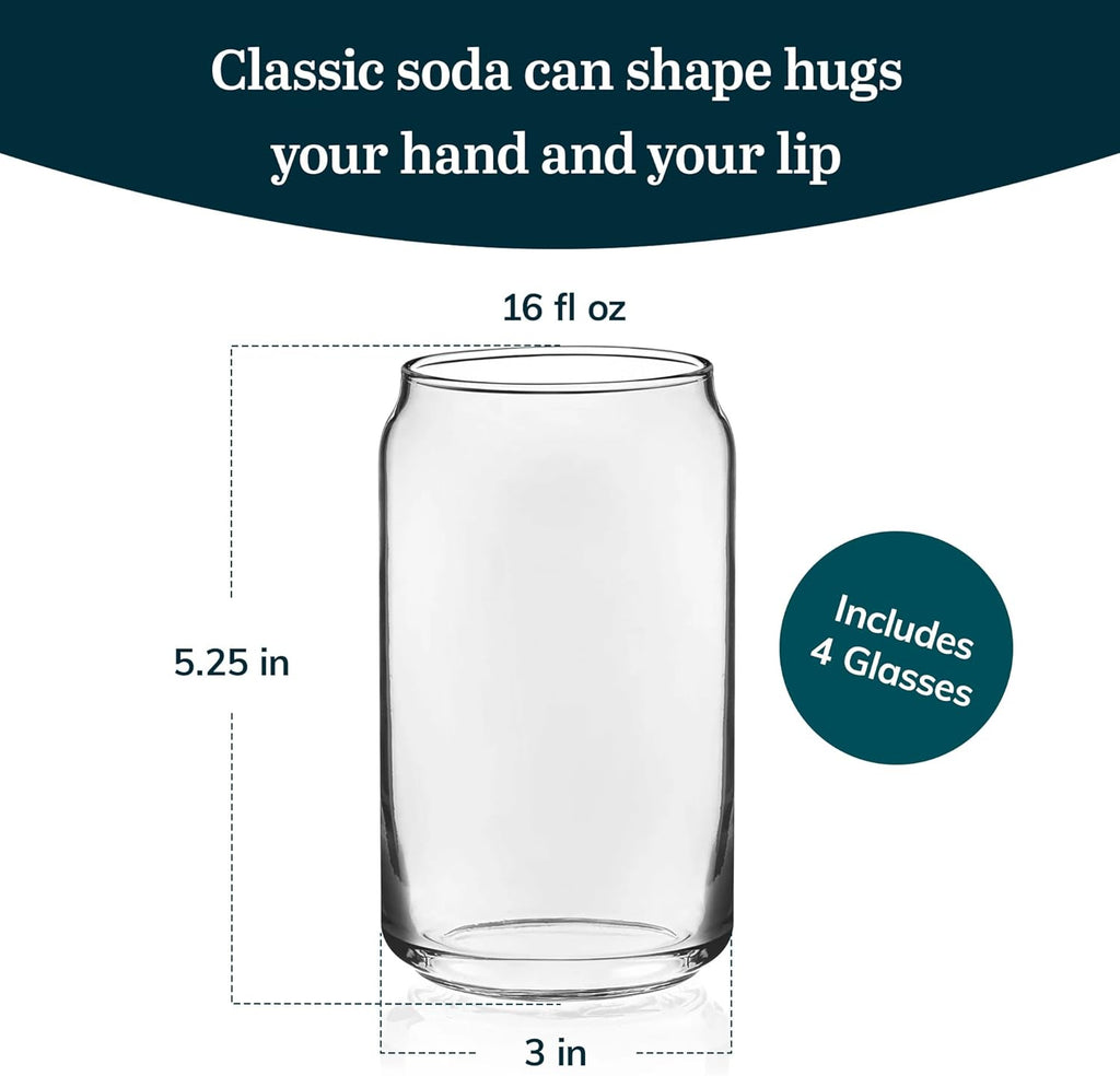 Classic Can Shaped Drinking Glasses Set of 4, Clear Kitchen Glass Tumbler, 16 Oz, Dishwasher Safe Glass Cups Set for