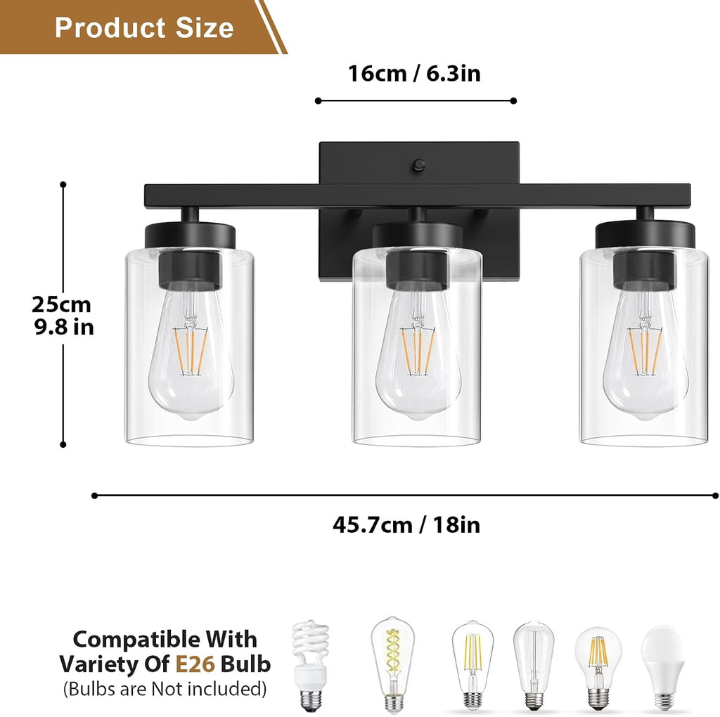 Modern Bathroom Light Fixtures, 3 Light Black Vanity Lights, Bathroom Lighting Fixtures Over Mirror with Clear Glass