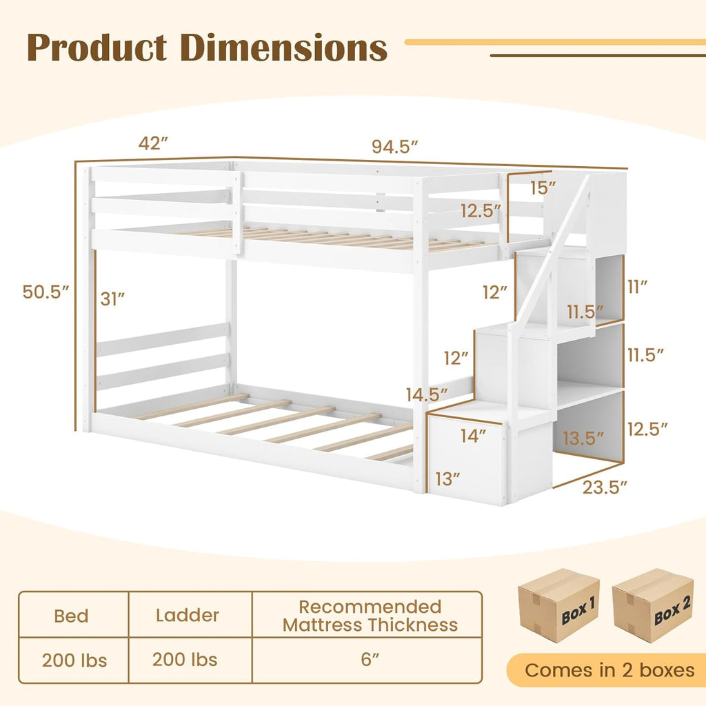 Twin Over Twin Bunk Bed with Stairs, Solid Wood Floor Bunk Bed with Storage Staircase & Full-Length Guardrails