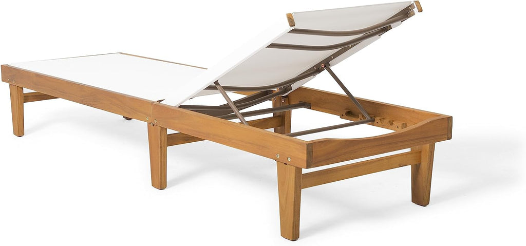 Outdoor Mesh Chaise Lounge with Acacia Wood Frame, Teak Finish / White Mesh
