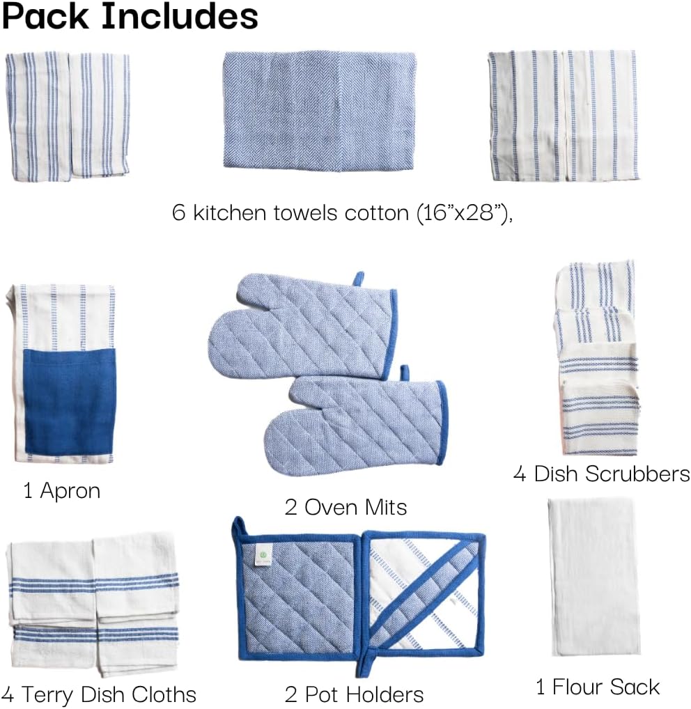 Kitchen Towels and Dishcloths Sets, 20 Pc Kitchen Essentials for New Home, Heat Resistant Oven Mitts & Pot Holders