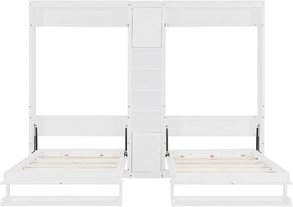 110W Dual Twin Wall Murphy Beds with Cabinets and Shelves,Sleeping Arrangement for Multipurpose Area, Bedroom, Guest