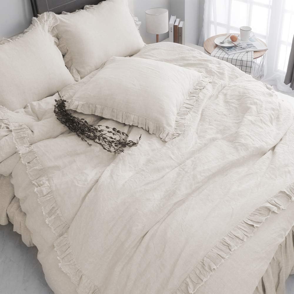100% Linen Euro Sham Covers with Ruffle, 26x26 Inch Pillow Covers Set of 2, Euro Pillow Shams, Natural Linen