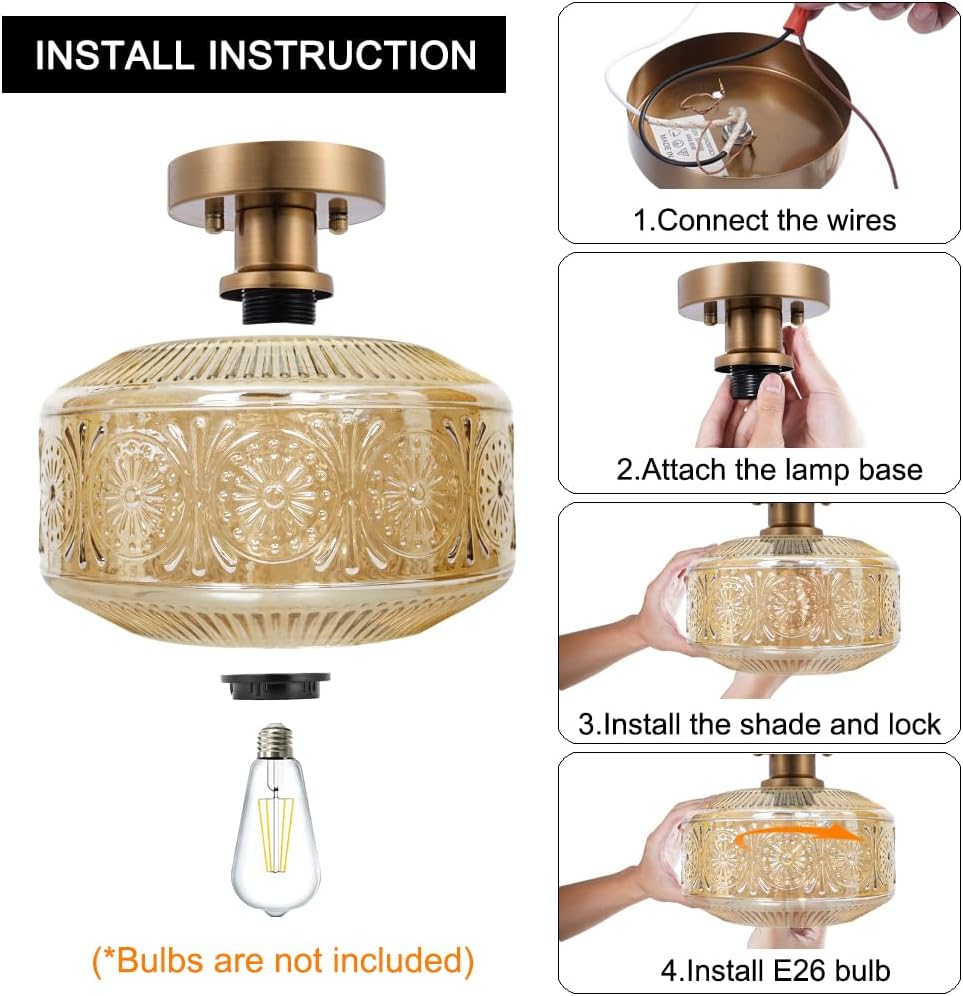 Semi Flush Mount Ceiling Light, Vintage Small Ceiling Light Fixture, Thickened Glass Hallway Lighting Fixture, Brass