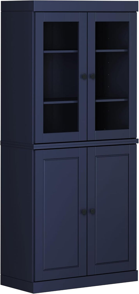 Solid Wood Bookcase - 6-Tier Bookshelf, 71.5" H x 32" W - Navy Blue, Clear Glass Doors & Storage Cabinet, Tall